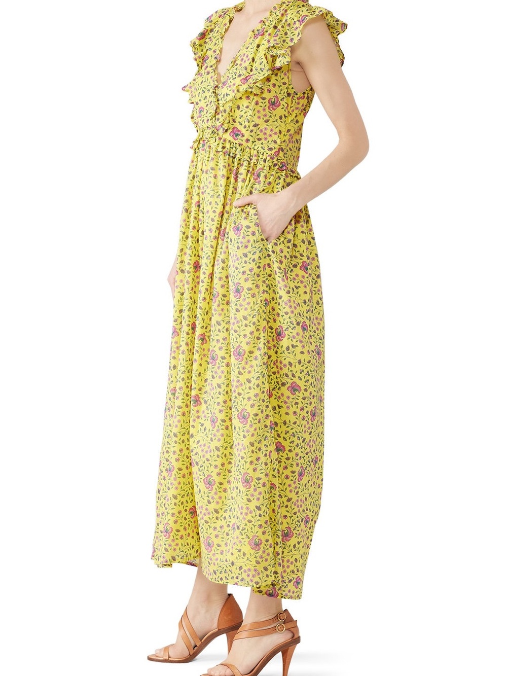 Banjanan Yellow Floral Maxi Dress with Ruffle V-Neck 100% COTTON - Picture 3 of 7
